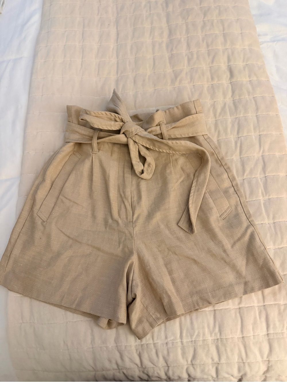 Express Extreme High Rise Paperbag Tie Shorts in Beige